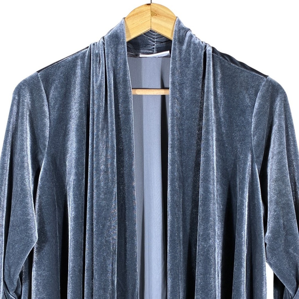 Susan Graver Open Front Velvet Cardigan Steel Blue Ruched Minimalist Size M - Picture 2 of 8
